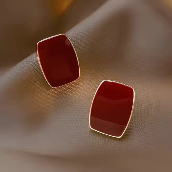 Red Enamel Oil Square Stud - K012