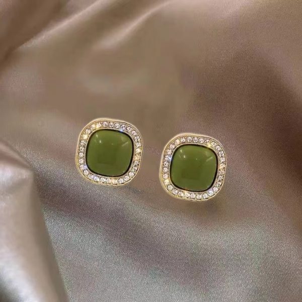 Vintage Green Halo Square Earrings - K013
