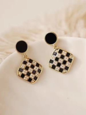 Black White Checkered Earrings - K015
